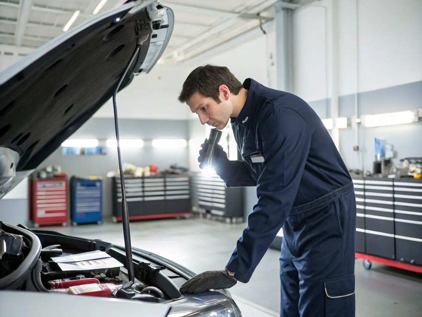 A detailed close-up of a vehicle inspection process, highlighting the meticulous checks and quality assurance measures Omayas LLC employs to ensure vehicle safety and compliance.