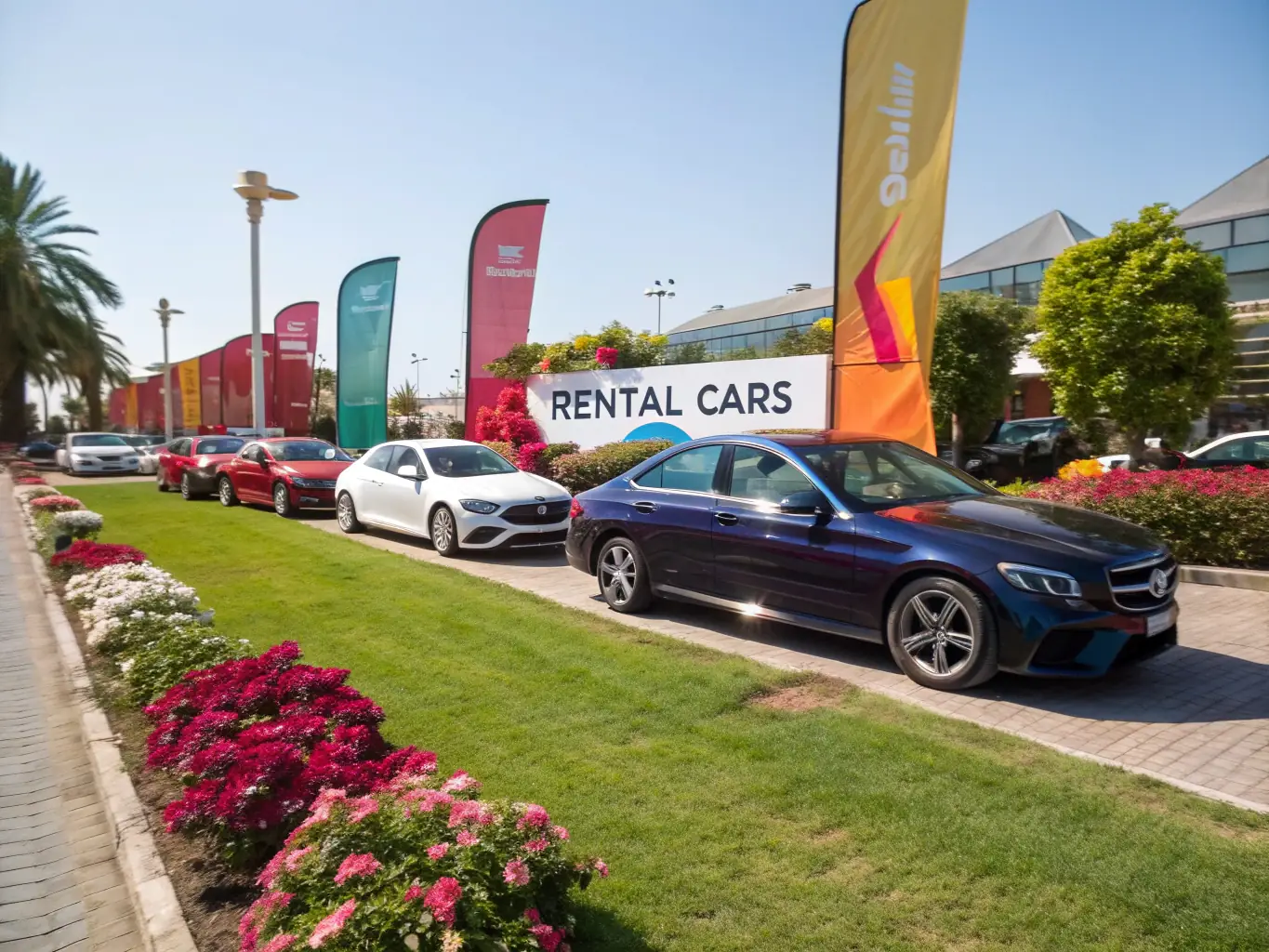A fleet of well-maintained rental cars parked neatly in a designated area, showcasing the variety and quality of vehicles available for rent from Omayas LLC.