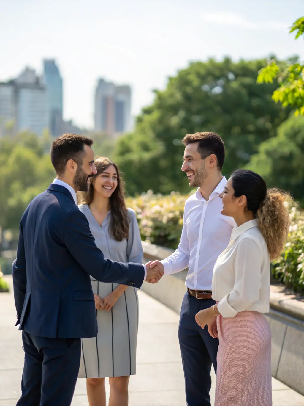 A diverse group of people shaking hands in front of a property, symbolizing Omayas' commitment to connecting clients and partners in real estate.