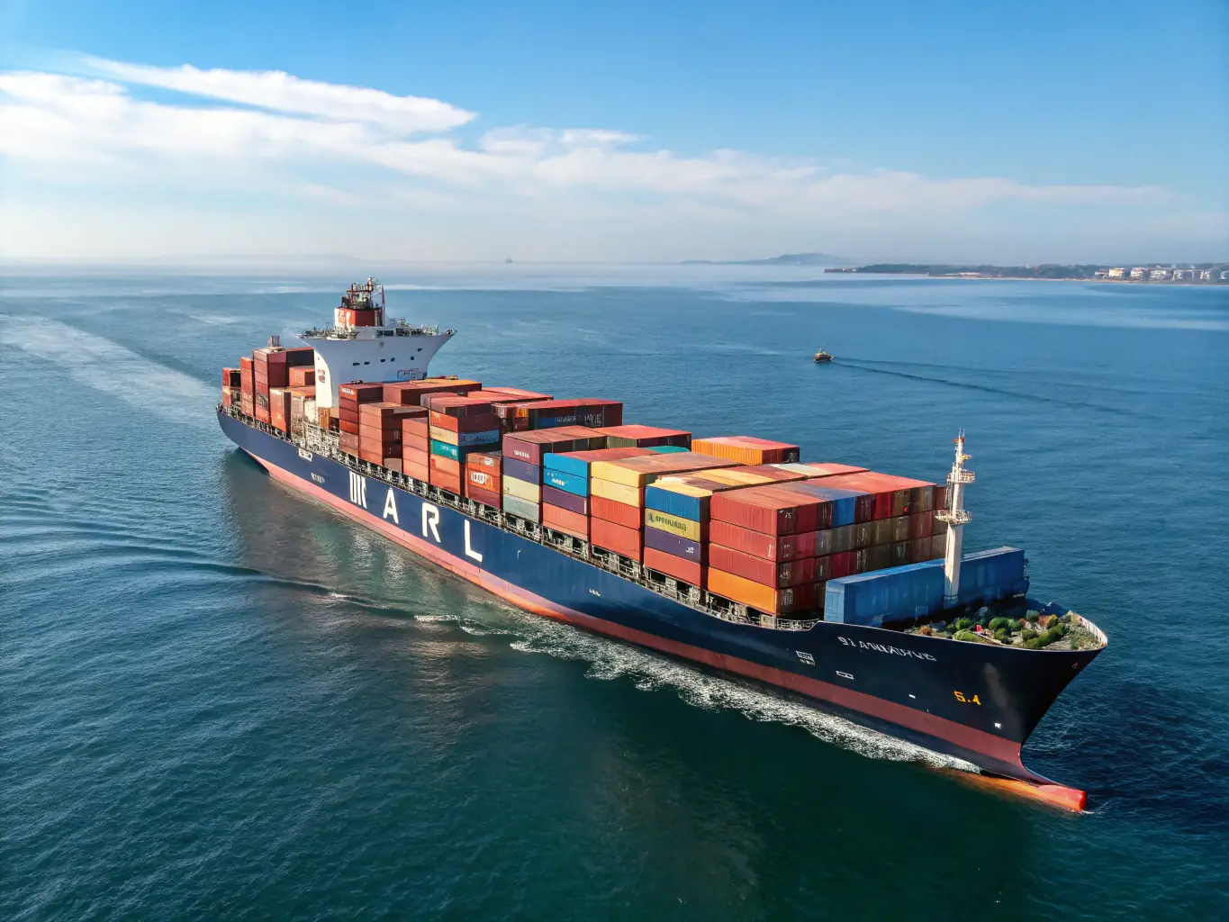 A modern cargo ship transporting a variety of vehicles, including sedans, SUVs, and trucks, across the ocean, symbolizing Omayas LLC's global vehicle import/export services.