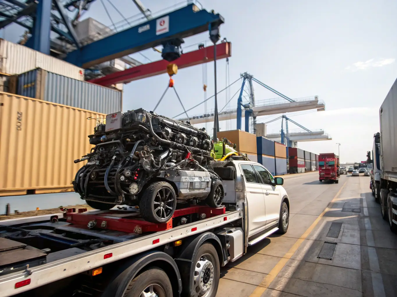 An image of various vehicles being loaded onto a shipping container and a rental car fleet available for clients, representing Omayas LLC's vehicle import/export and rental services.