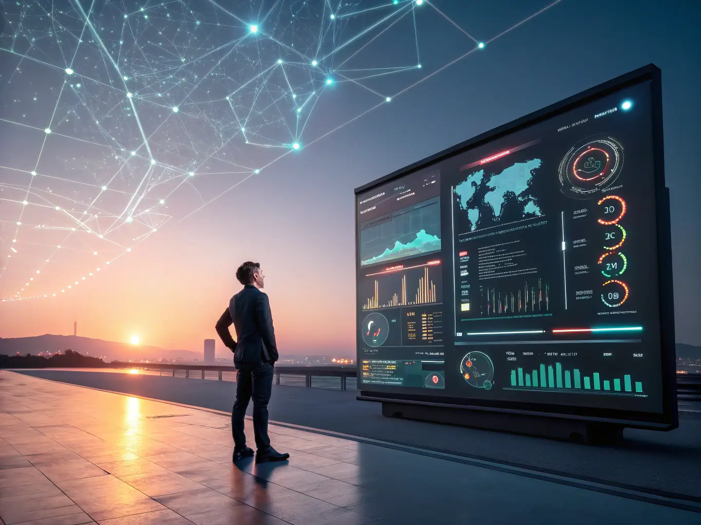 A digital illustration depicting a network of interconnected vehicles and data points, symbolizing optimized logistics and real-time tracking in transportation.