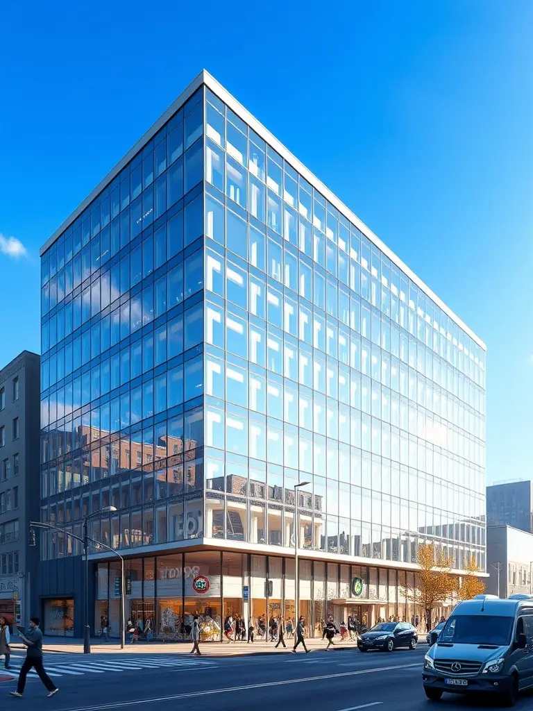 A modern commercial building with glass facade in a bustling city center, representing Omayas' expertise in commercial real estate.