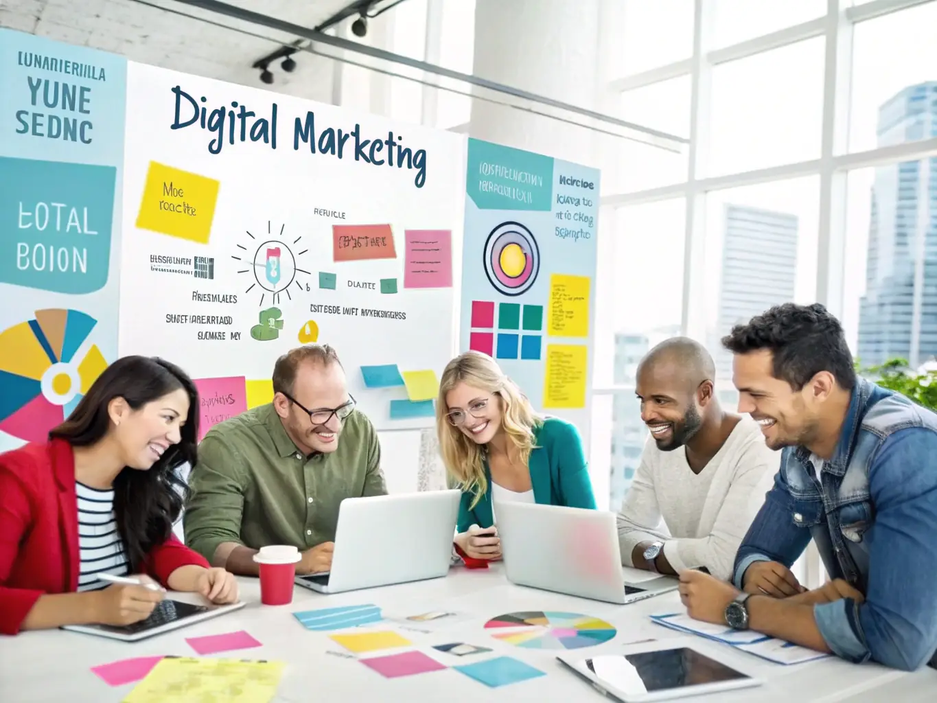 An image showing a team of digital marketers working on laptops with digital graphs and analytics displayed, symbolizing Omayas LLC's expertise in providing comprehensive digital solutions.