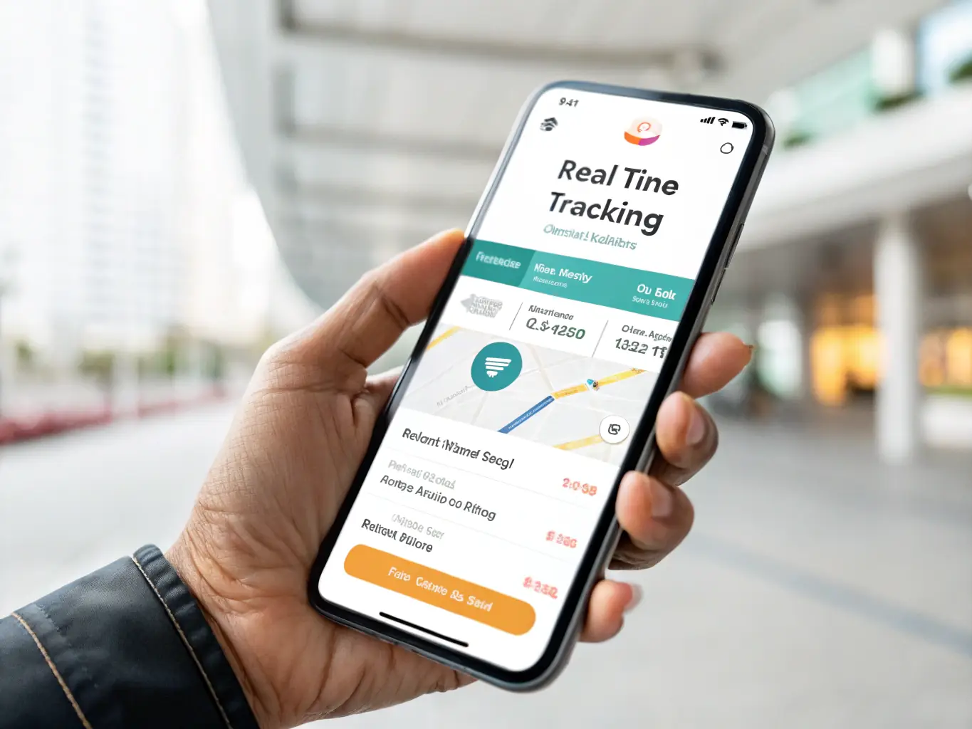 A digital graphic showing a mobile app interface with transportation-related features, such as real-time tracking, booking, and customer support.